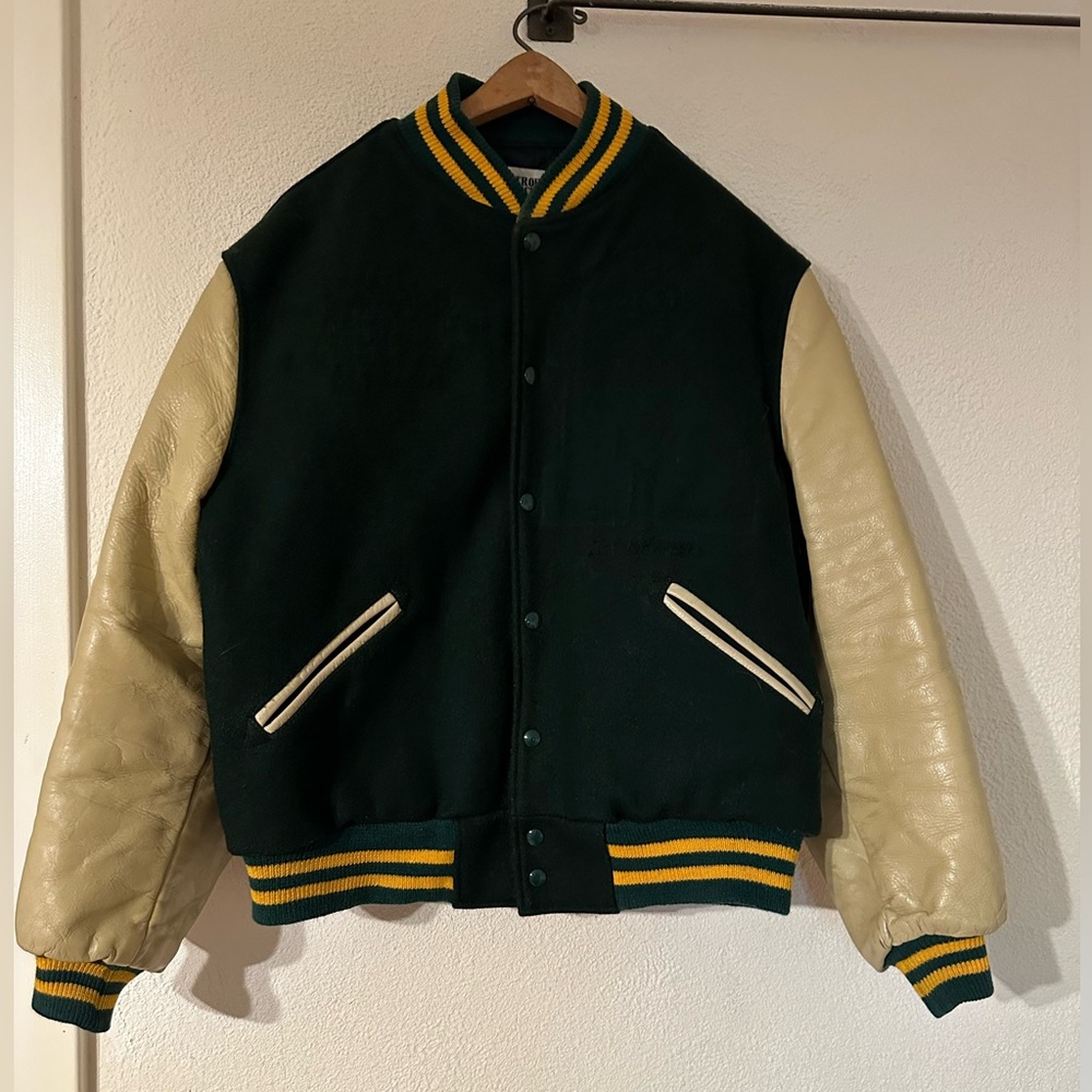 Trophy Jackets Letterman Jacket Men Green Wool/ Cream Leather Sleeves Vintage L
